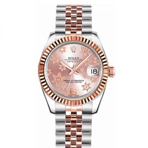 Rolex Datejust 178271 Unisex 31mm Zegarek z różową kwiatową tarczą